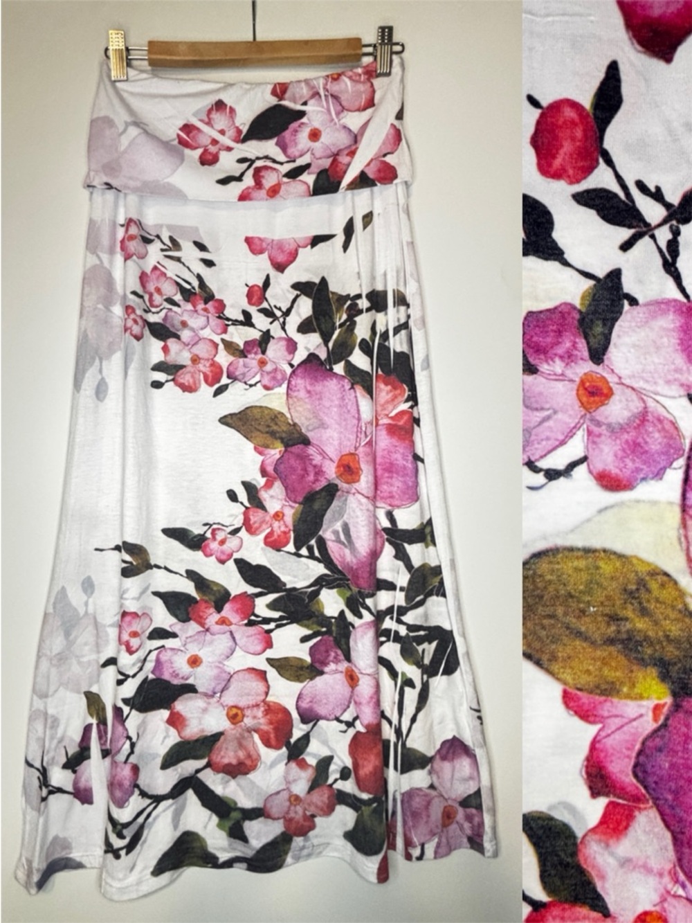 Casa Lee Pink Floral on White Printed Fold-Over Waist Maxi Skirt or Midi Straple
